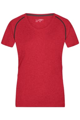 A red ladies sports T-shirt with contrasting black accents and a crew neckline. It features a logo on the front.