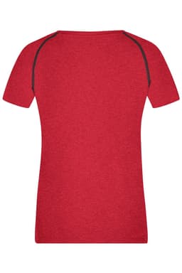A red ladies sports T-shirt with short sleeves and a contrast neckline. Features a logo.