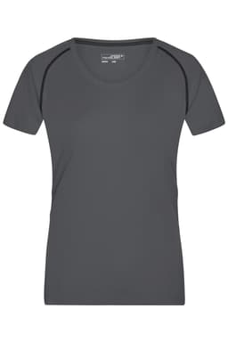 A grey ladies sports T-shirt featuring short sleeves and seams, with a small logo on the label.