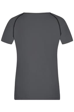 A grey ladies sports T-shirt with short sleeves and contrasting stitching, featuring a logo on the back.