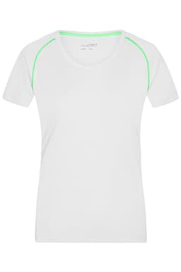 A white ladies sports T-shirt featuring green accents along the seams and a logo on the front.