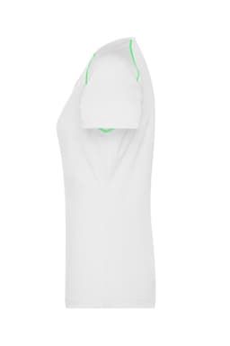 A white ladies sports T-shirt with green detailing on the shoulder seams and a fitted design.