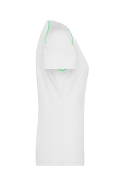 A white ladies sports T-shirt with green detailing, featuring a fitted design and short sleeves.