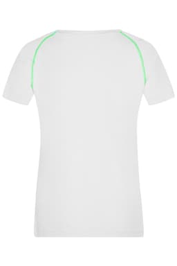 A white sports t-shirt with green accents on the shoulders. The design features a logo.