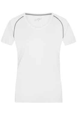 A white ladies sports T-shirt with a simple design and grey detailing along the shoulders. It features a logo.