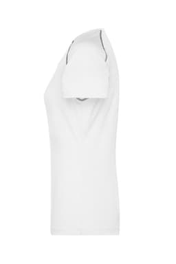 A white ladies sports T-shirt with a fitted design and a logo on the side.