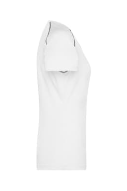 A white ladies' sports T-shirt with a V-neck design and short sleeves, featuring a logo.
