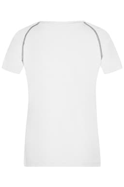 A white ladies sports T-shirt featuring a simple design with contrasting stitching. It has a standard crew neck and short sleeves.