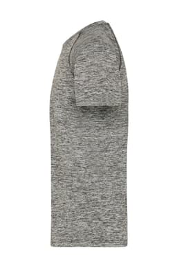 A grey men's sports T-shirt with short sleeves and a round neck, featuring a logo on the front.
