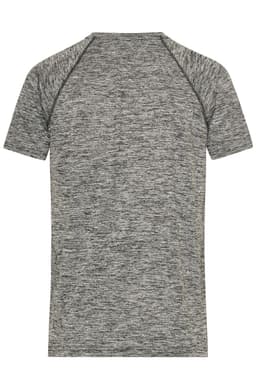 A grey men's sports T-shirt with a textured finish and a logo on the back.