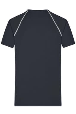 A black men's sports t-shirt with contrasting grey detailing, featuring a logo on the back.