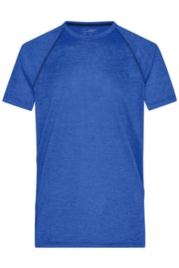 A blue men's sports T-shirt with a crew neck and raglan sleeves, featuring a logo on the front.