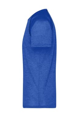 A blue men's sports t-shirt with short sleeves, featuring a simple design and a branding logo.