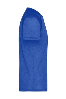 A blue men's sports T-shirt with a classic crew neck and short sleeves, featuring a logo on the side.