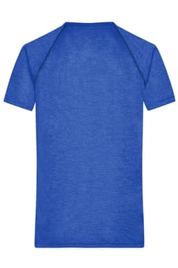 A blue men's sports T-shirt with a simple design and a logo on the back.