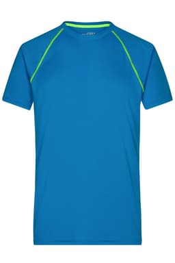 A blue men's sports t-shirt with green accents and a logo on the front. Short sleeves and a round neckline.