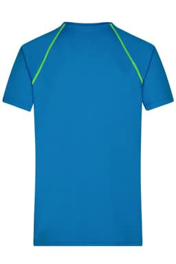 A men's sports t-shirt in blue with green accents, featuring a logo on the back.