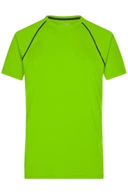 A men's sports T-shirt in bright green with black detailing, featuring short sleeves and a crew neck design.