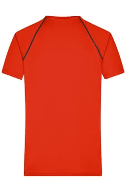 A red men's sports t-shirt featuring a sleek design and contrasting stitching. It has a logo on the back.