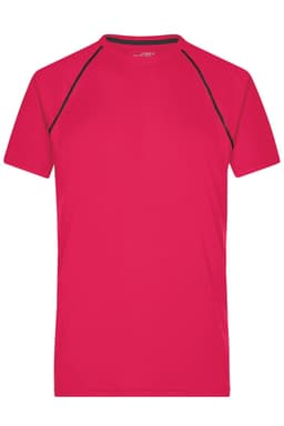 A red men's sports T-shirt featuring black accents and a logo. It has a classic crew neckline and short sleeves.