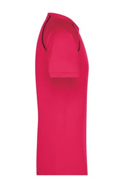 A red men's sports T-shirt features short sleeves and a sleek design with a contrasting trim.
