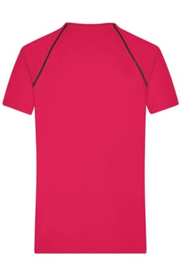 A red men's sports t-shirt featuring contrasting black accents on the shoulders and a plain back design.