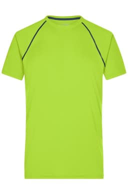 A lime green men's sports t-shirt with a dark blue accent along the seams and a small logo on the front.