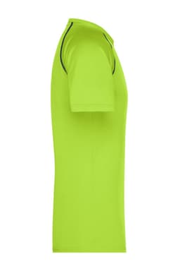 A men's sports T-shirt in bright green with contrasting trim and a logo. Side view displayed.