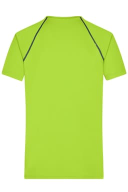 A bright lime green men's sports T-shirt with a fitted design and contrasting stitching.