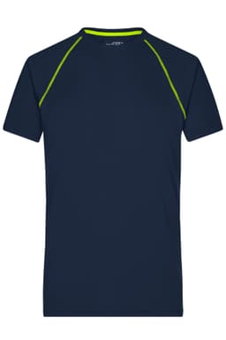 A navy men's sports t-shirt with green accents and a logo on the neckline. Short sleeves and a classic fit.