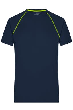 A men's sports T-shirt in navy blue with lime green accents and a branding logo on the neckline.