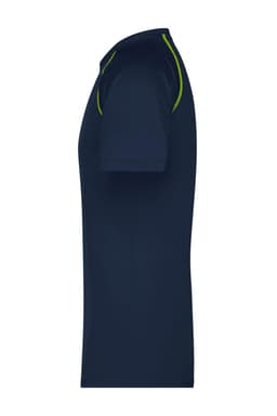 A navy men's sports T-shirt with a fitted design and green accents on the shoulders. Features a logo on the chest.