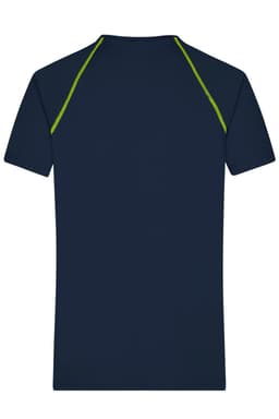 A navy men's sports t-shirt featuring green accents on the seams and a logo on the back.