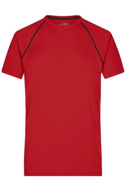 A red men's sports t-shirt featuring black accents and a logo. Suitable for active wear.