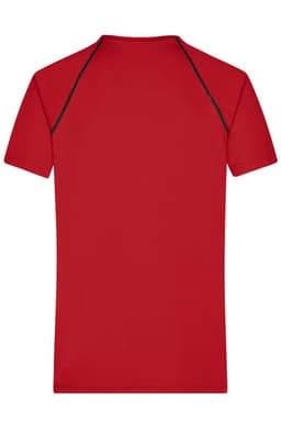 A red men's sports t-shirt with a plain design and contrasting seams at the shoulders. It features a logo.