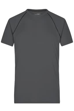A grey men's sports T-shirt with short sleeves and a logo on the neckline.