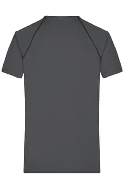 A grey men's sports t-shirt with a raglan sleeve design and a logo on the back.