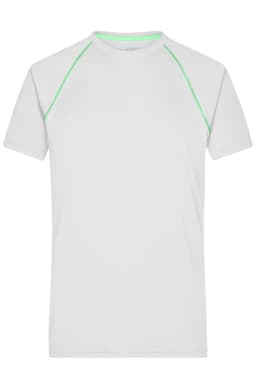 A white men's sports t-shirt featuring green accents and a logo. Short-sleeved design with a crew neck.
