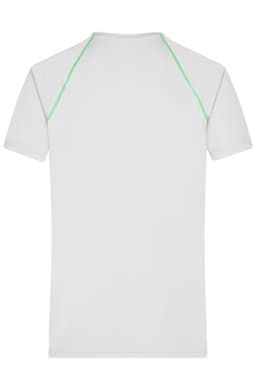 A white men's sports t-shirt featuring light green detailing and a logo on the back.