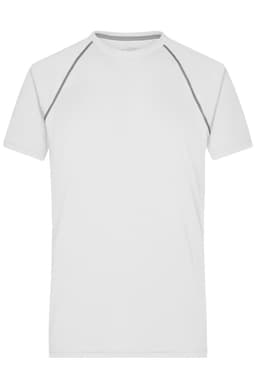 A white men's sports T-shirt with grey detailing and a logo on the chest. Short sleeves and a round neckline.
