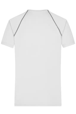 A white men's sports T-shirt with grey detailing on the shoulders and a logo on the back.