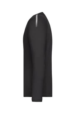 A black long-sleeve sports shirt with a subtle design feature on the shoulder and a logo.