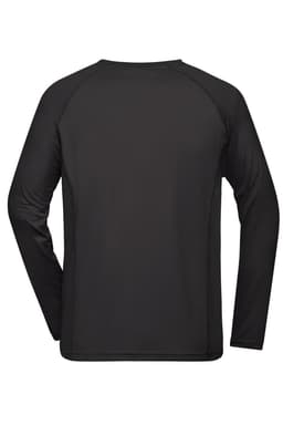 A black long-sleeved men's sports shirt with a simple design and a logo.