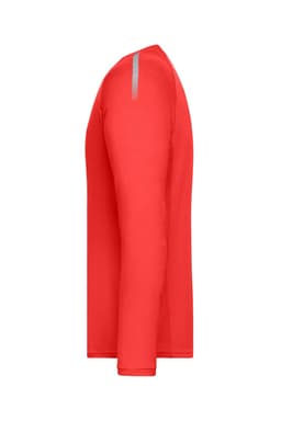 A long-sleeve men's sports shirt in vibrant red with a subtle logo on the shoulder.