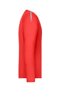 A long-sleeved sports shirt in bright red, featuring a simple design and a logo on the sleeve.