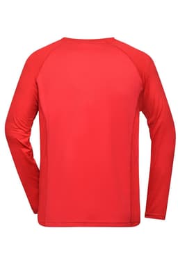 A long-sleeve red sports shirt with a smooth, plain back and contrasting raglan sleeves.