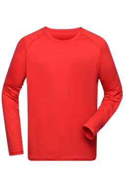 A long-sleeved men's sports shirt in bright red, featuring a logo on the front. Made from lightweight fabric.