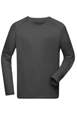 A long-sleeve men's sports shirt in dark grey, featuring a crew neck and a simple design.