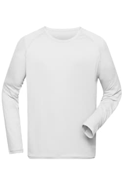 A long-sleeve white sports shirt with a round neckline and a logo. Suitable for active wear.