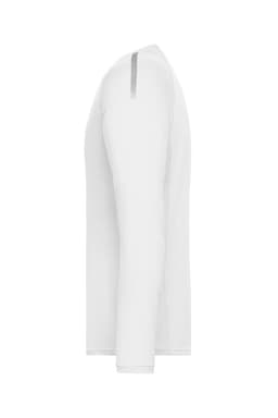 A white long-sleeve men's sports shirt featuring a subtle logo and a sleek, fitted design.